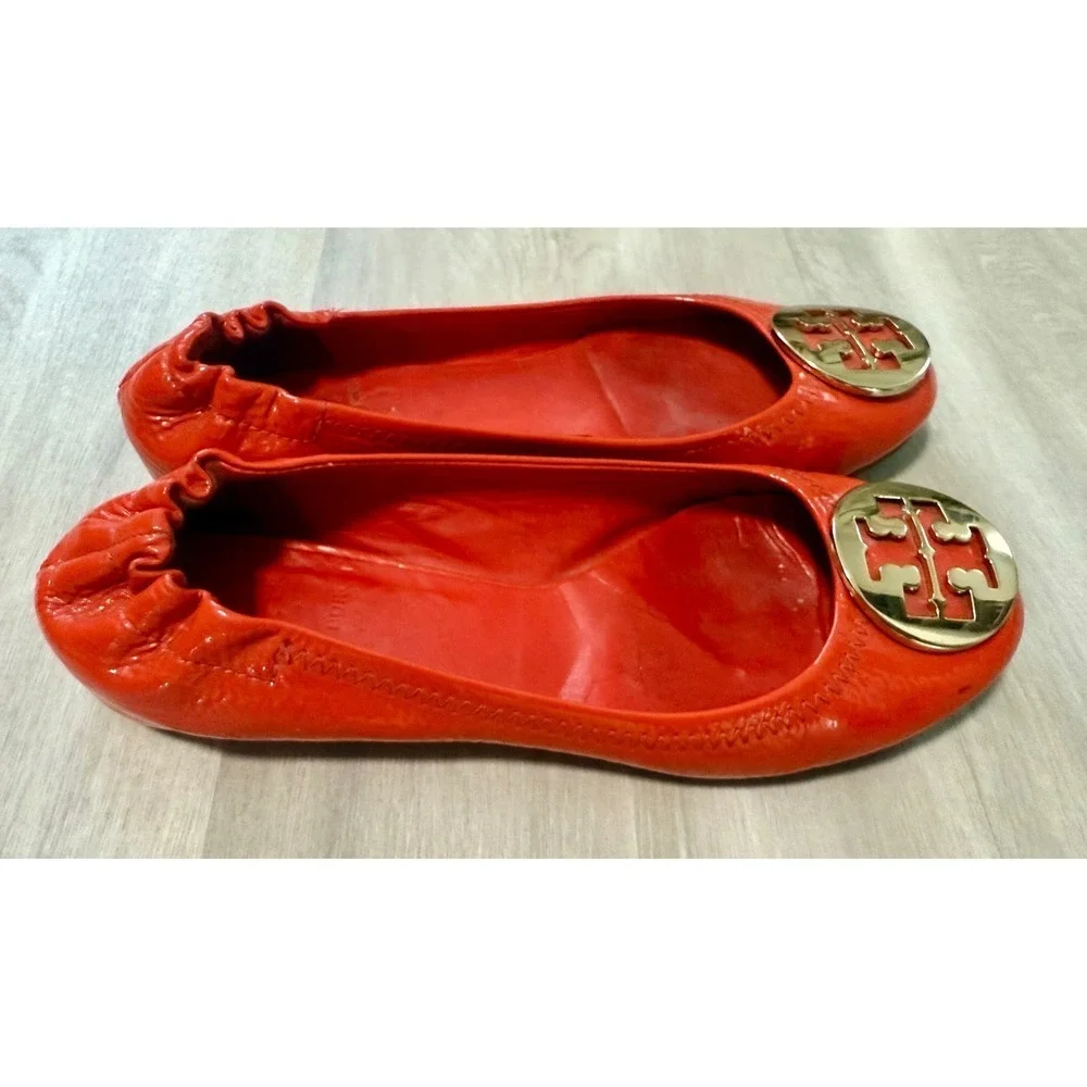 Tory Burch Red Patent Leather Ballet Flats Gold Logo Women's Size 7